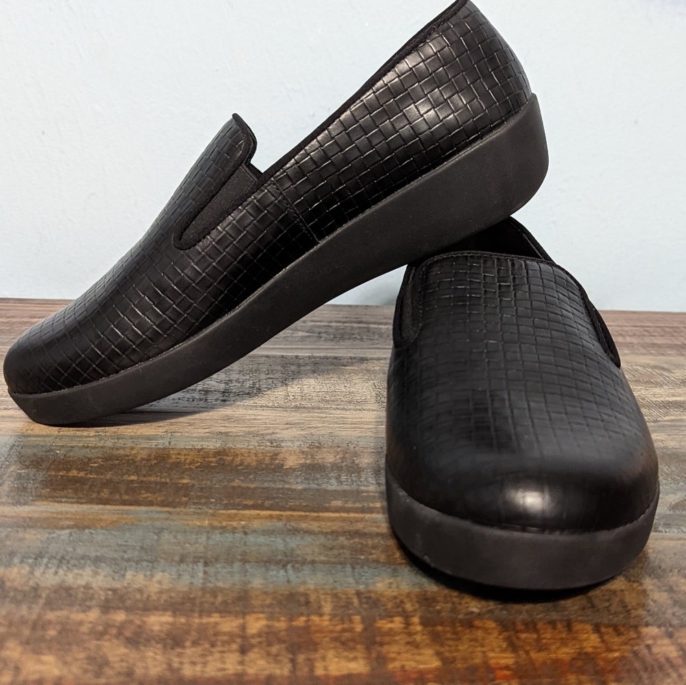 FitFlop Superskate Black Leather Woven-Look Comfort Loafers, 9